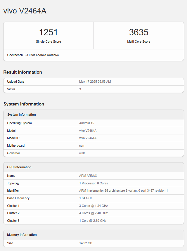 Prueba del Vivo S30 en Geekbench Prueba del Vivo S30 en Geekbench