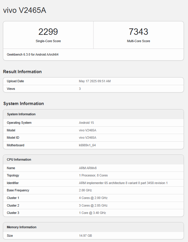 Prueba del Vivo S30 Pro Mini en Geekbench Prueba del Vivo S30 Pro Mini en Geekbench