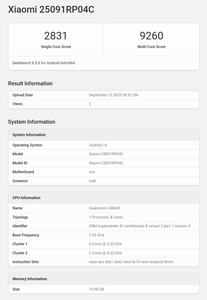 Prueba de rendimiento del Xiaomi Pad 8 Pro en Geekbench