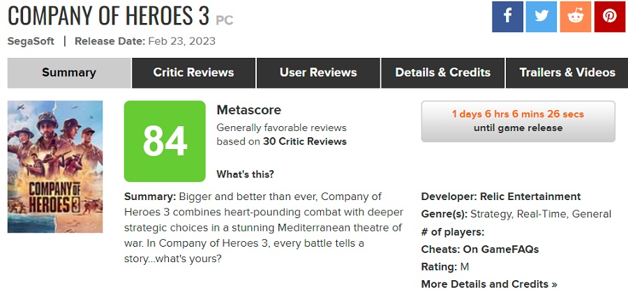 La crítica se ha mostrado satisfecha con Company of Heroes 3. El juego ha recibido altas puntuaciones en los agregadores-2 La crítica se ha mostrado satisfecha con Company of Heroes 3. El juego ha recibido altas puntuaciones en los agregadores-2