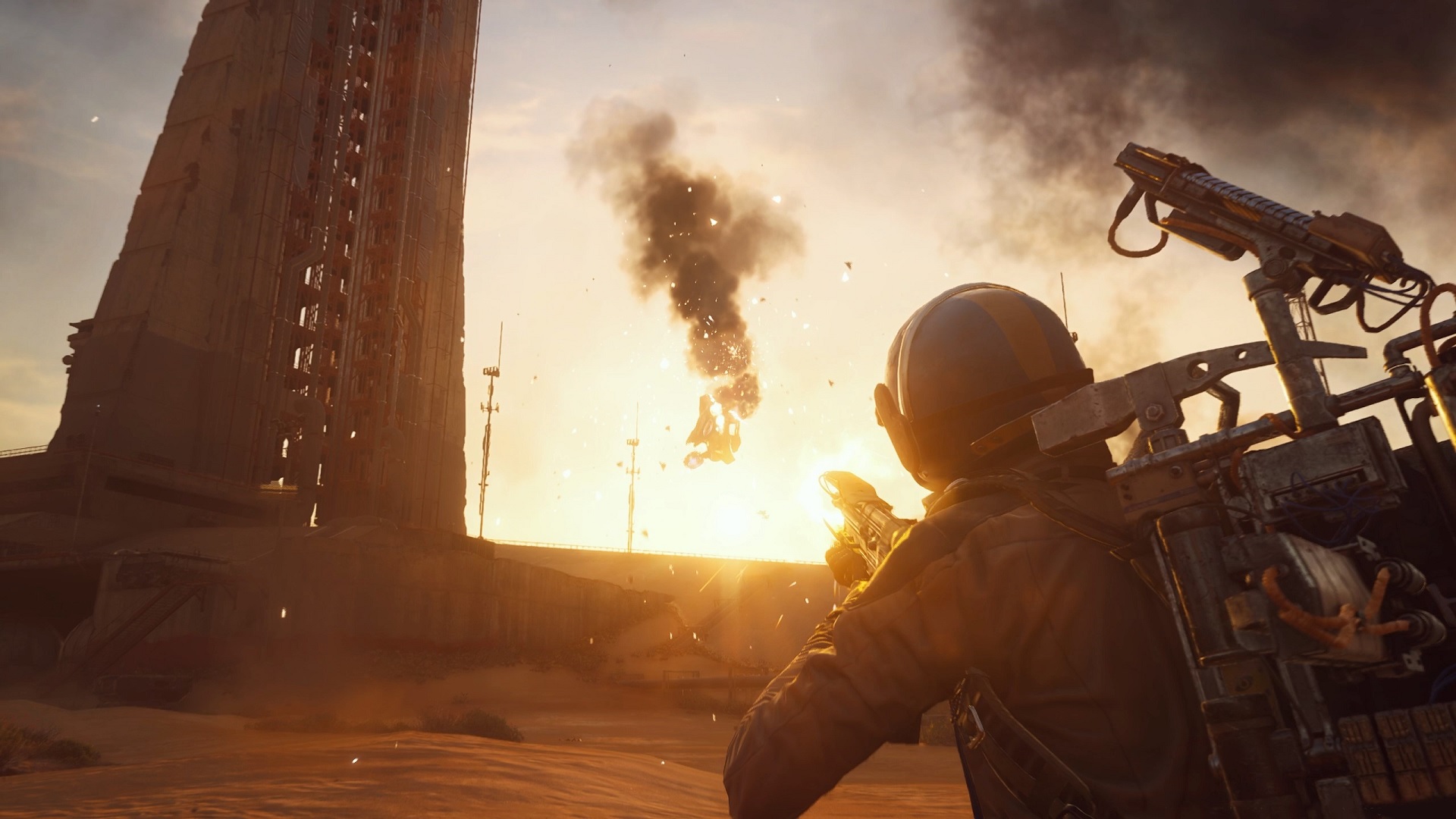 Una puesta de sol, una explosión, arena entre los dientes... es un día más en el paraíso postapocalíptico de Arc Raiders. Ilustración: Embárcate Puesta de sol en Arc Raiders