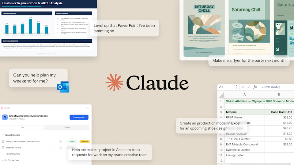 Ilustración con el logo de Claude y ejemplos de uso de IA para tareas de oficina