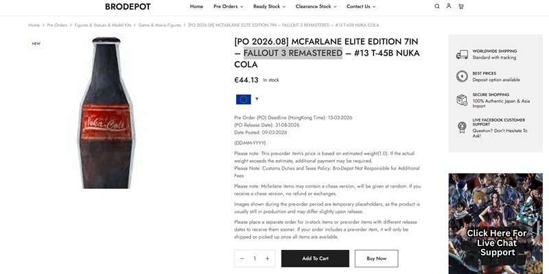 Captura de pantalla de la página eliminada con merchandising de Nuka Cola para Fallout 3 Remastered