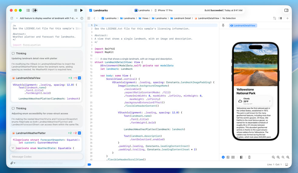 Captura de pantalla de Apple Xcode codificación con OpenAI Codex