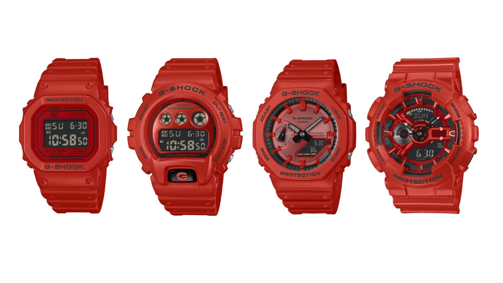 Relojes Casio G-Shock rojos: DW5600RRB-4, DW6900RRB-4, GA2100RRB-4A y GA110RRB-4A