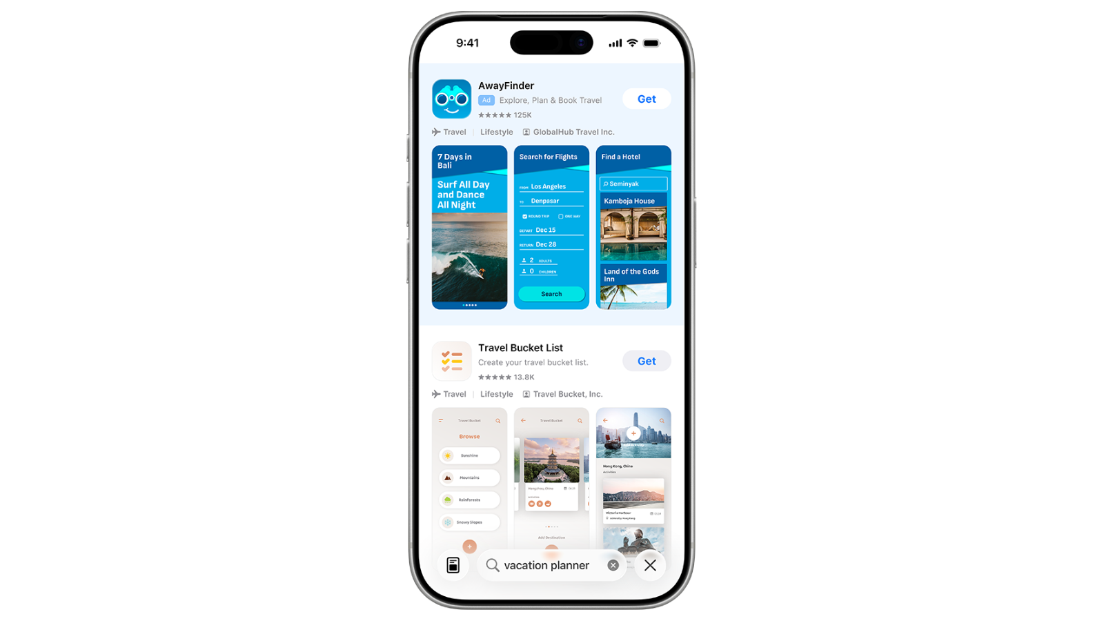 Ilustración: aplicación de viaje AwayFinder en los resultados de búsqueda del App Store