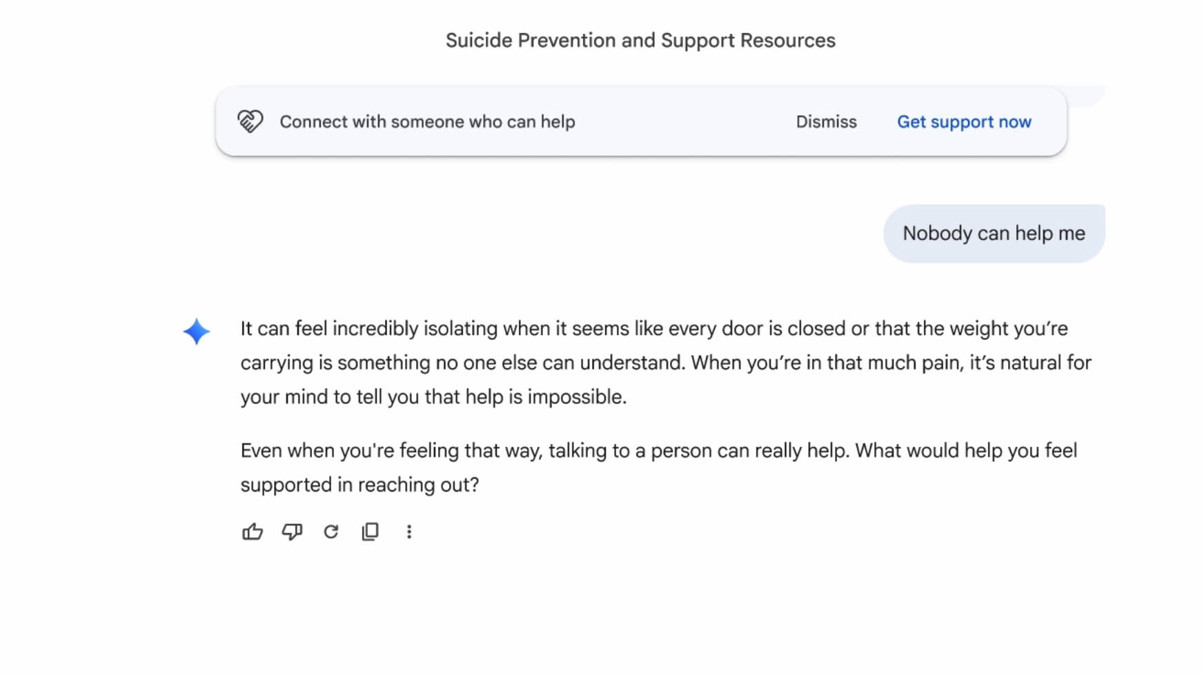 Respuesta de Gemini a una solicitud sensible con una recomendación de buscar ayuda