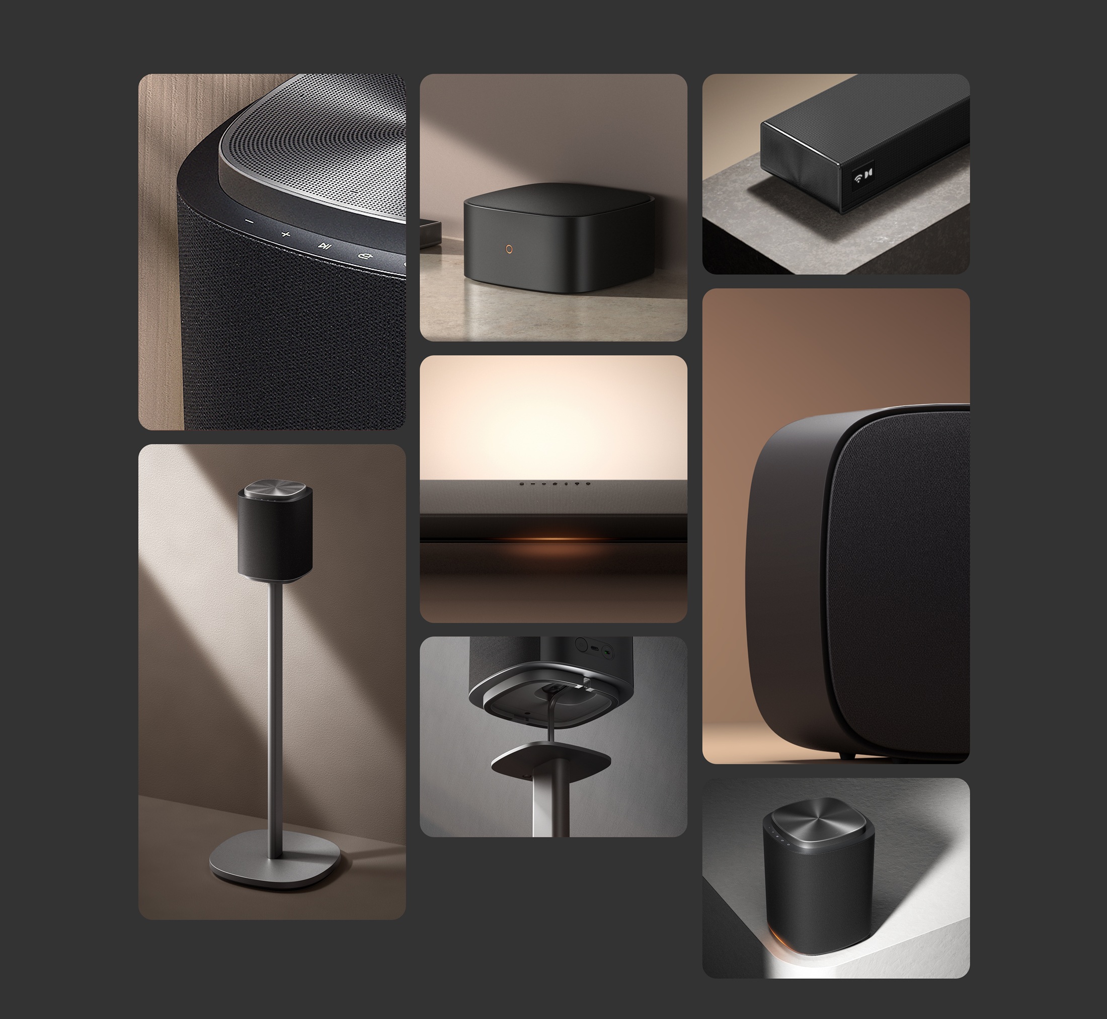 Collage con renders del sistema de audio modular LG Sound Suite para el hogar.