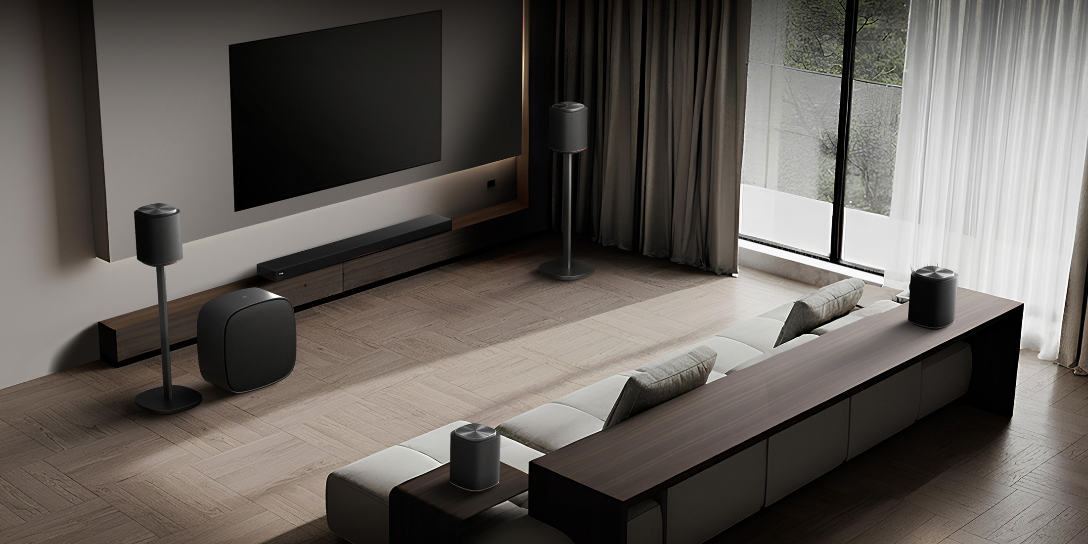 Render del sistema de audio modular LG Sound Suite.