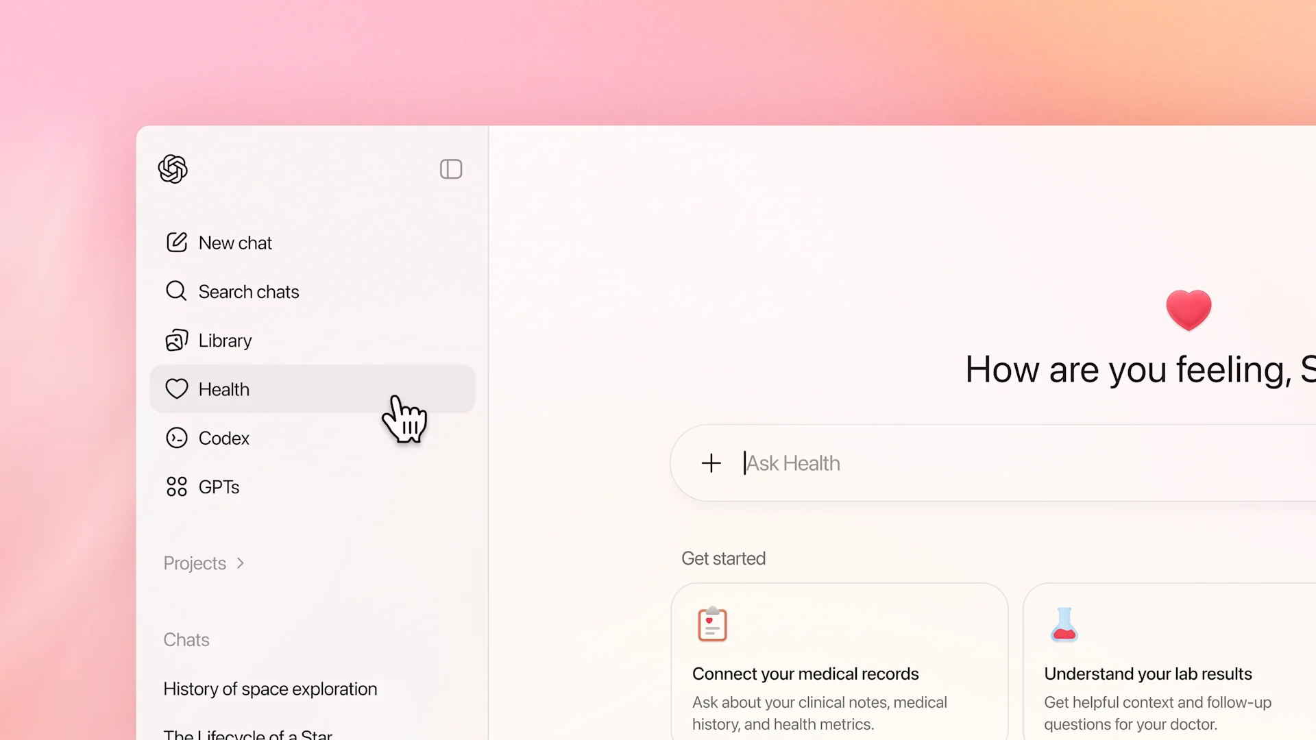 Interfaz de ChatGPT Health de OpenAI