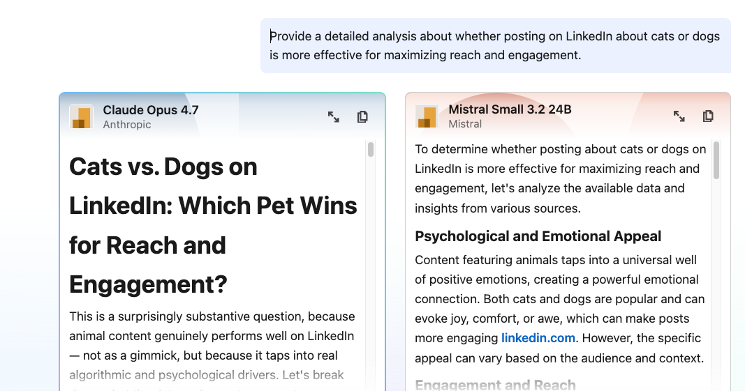 Interfaz de Crosscheck en LinkedIn Comparando Respuestas de Dos Modelos de IA